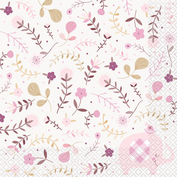 FLORAL ELEPHANT BABY SHOWER PINK 16 LUNCHEON NAPKINS 2PLY 33CM X 33CM (13" X 13")